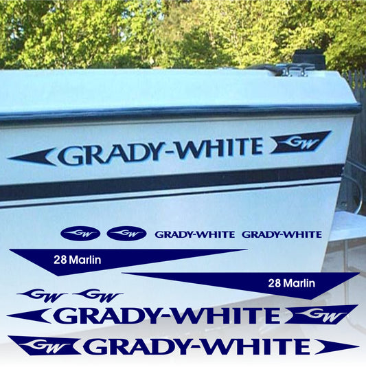 Grady White 28 Marlin Decal Set Factory Sized Hull Replacement Restoration Graphics Stickers